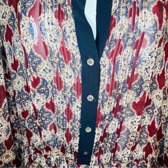 Club Monaco Sheer Silk Micro Pleat Front Drop Waist Dress Maroon Navy 4 - Picture 3 of 9